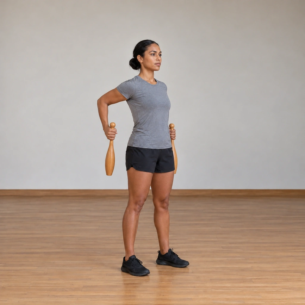 The woman's shoulders fully rotated: both clubs now hang vertically behind her back, her elbows still bent at ninety degrees beside her, her stance tall.