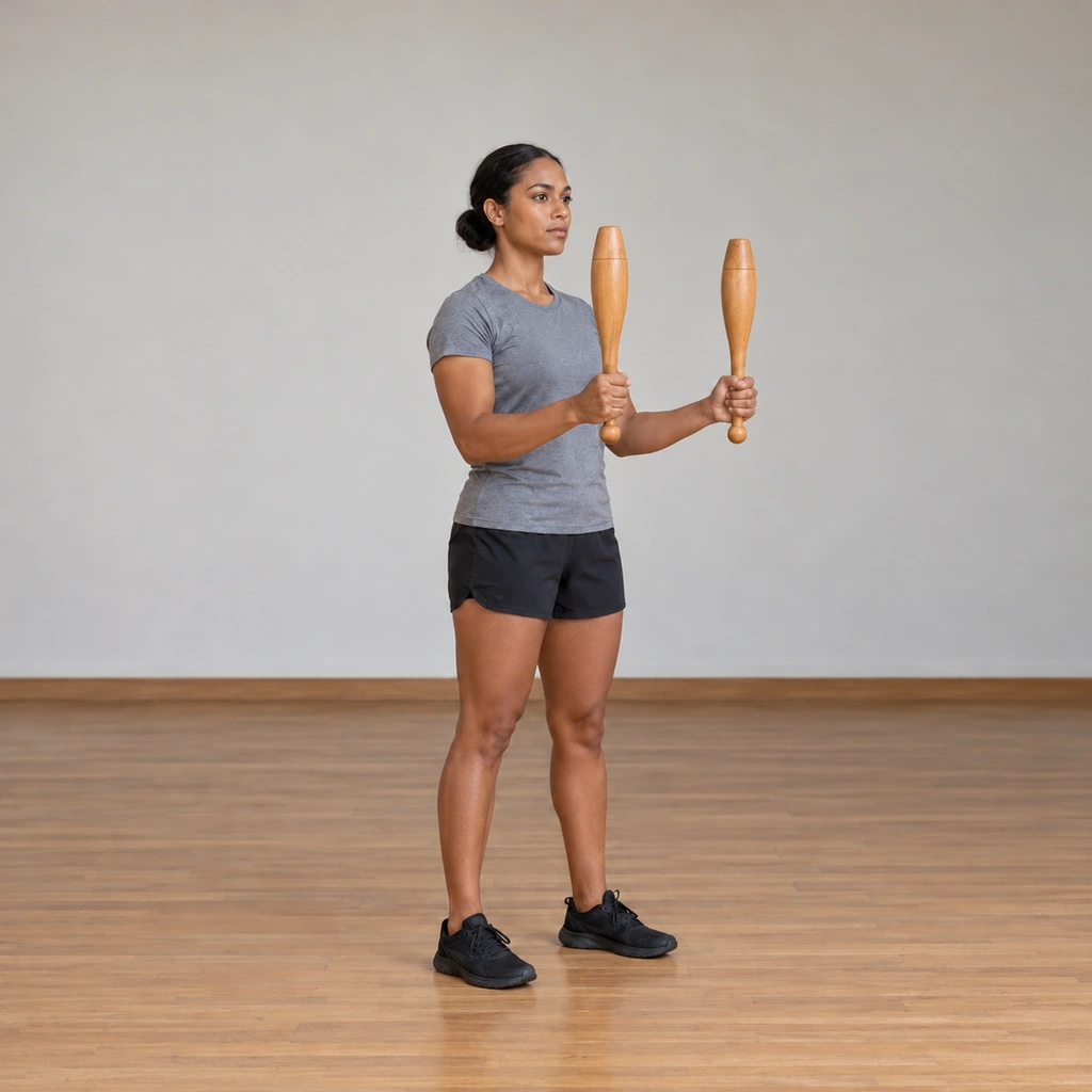 The woman rotates her shoulders back forward, the clubs swinging back over her shoulders to hang vertically in front of her chest again, elbows still bent.