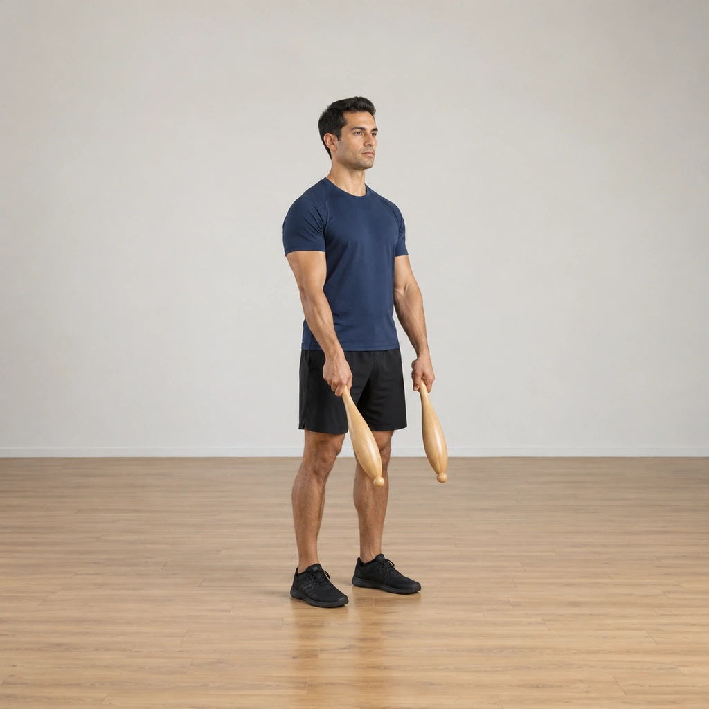 A man stands tall holding one club in each hand, both clubs hanging vertically slightly in front of his thighs, his head facing forward.