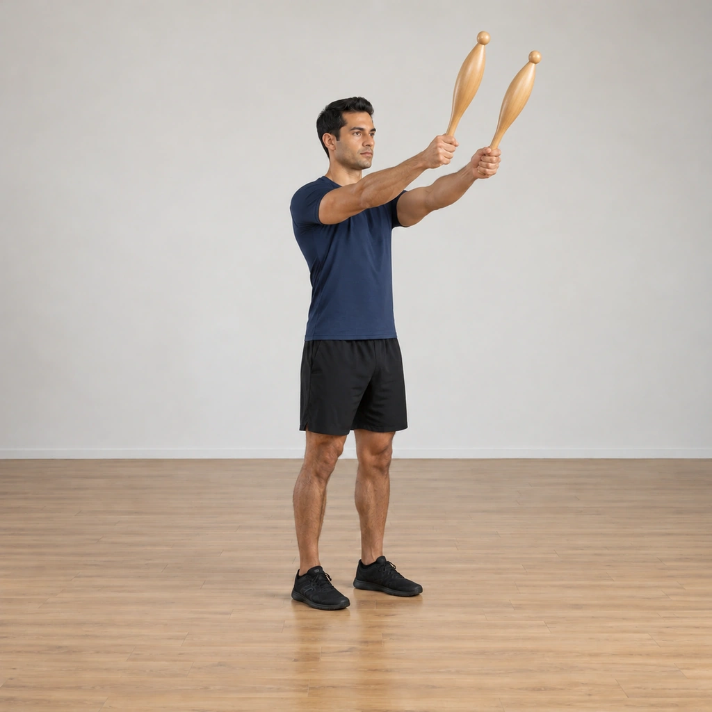The man rotates both clubs together through the rising half of the front-plane circle, the clubs out to the sides and climbing, kept roughly parallel to each other.