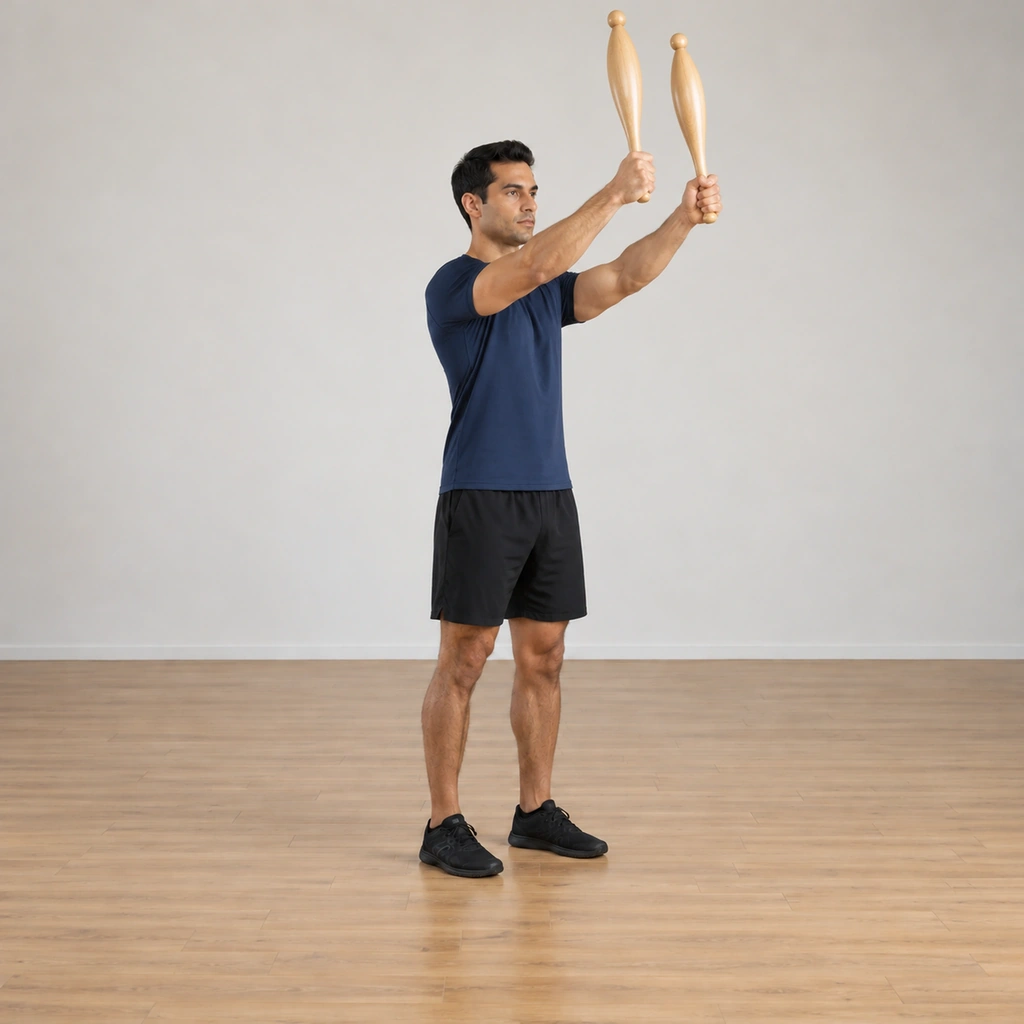 The man carries both clubs over the top of the front-plane circle above shoulder height in front of his body, the clubs still roughly parallel, his stance tall and square.
