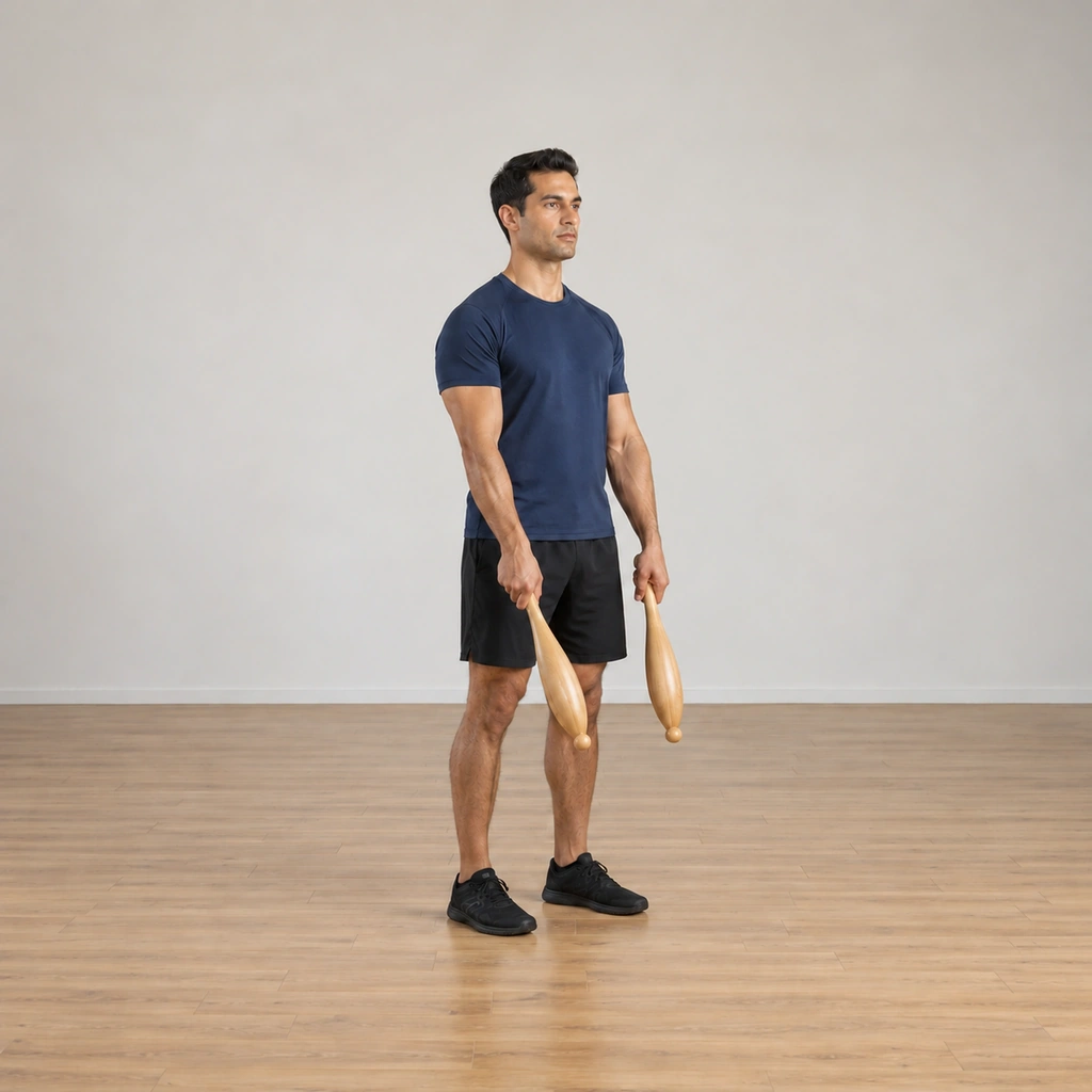 The man slows both clubs to a stop hanging slightly in front of his thighs, his stance square and tall again, the circle complete.