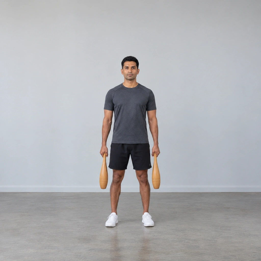 A man standing tall, holding one wooden club in each hand, both arms hanging straight down at his sides.