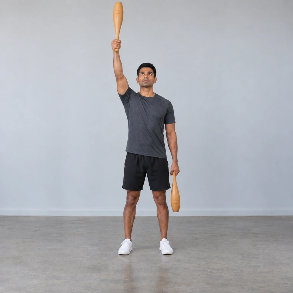 The same man, now with his right arm straight overhead holding one club, his left arm still down at his side holding the other.