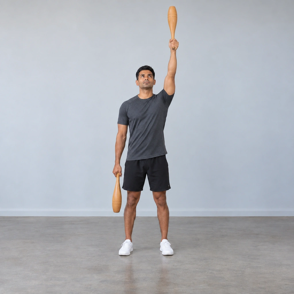 The same man, now with his left arm straight overhead holding one club, his right arm back down at his side holding the other.