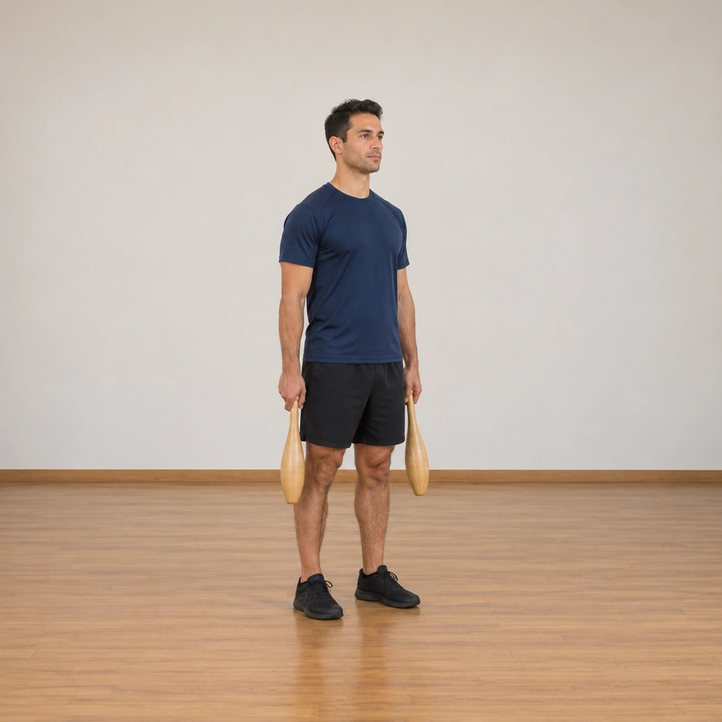 A man stands tall holding one club in each hand, both clubs hanging vertically at his sides, his head facing forward.
