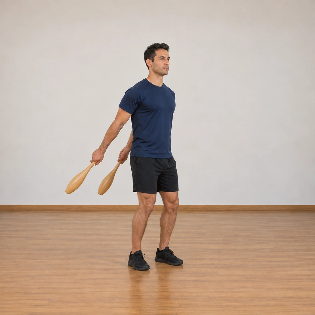 The man has both clubs swung up together behind his body on the side planes, the clubs parallel behind him, his knees slightly bent in the rhythm.