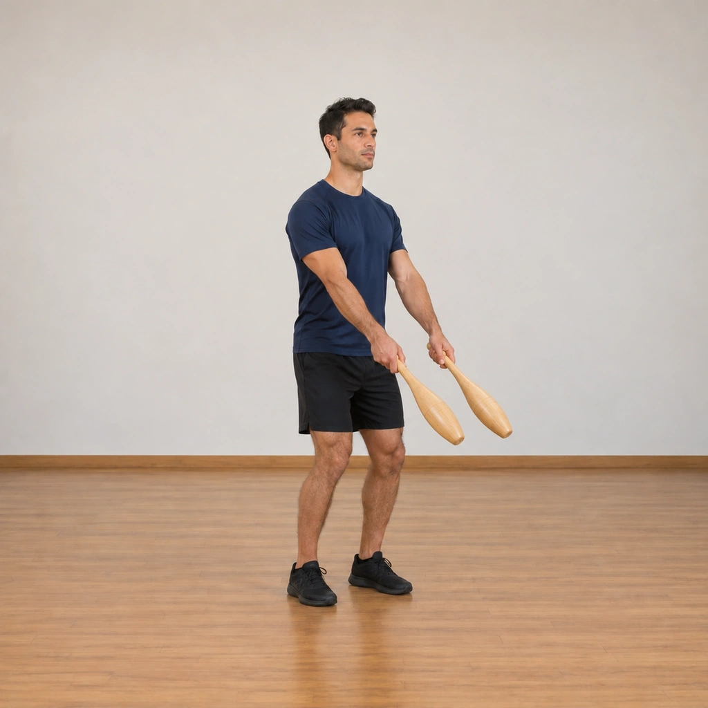 The man has both clubs swung up together in front of his body on the side planes, the clubs parallel in front of his thighs rising toward horizontal, his knees slightly bent.