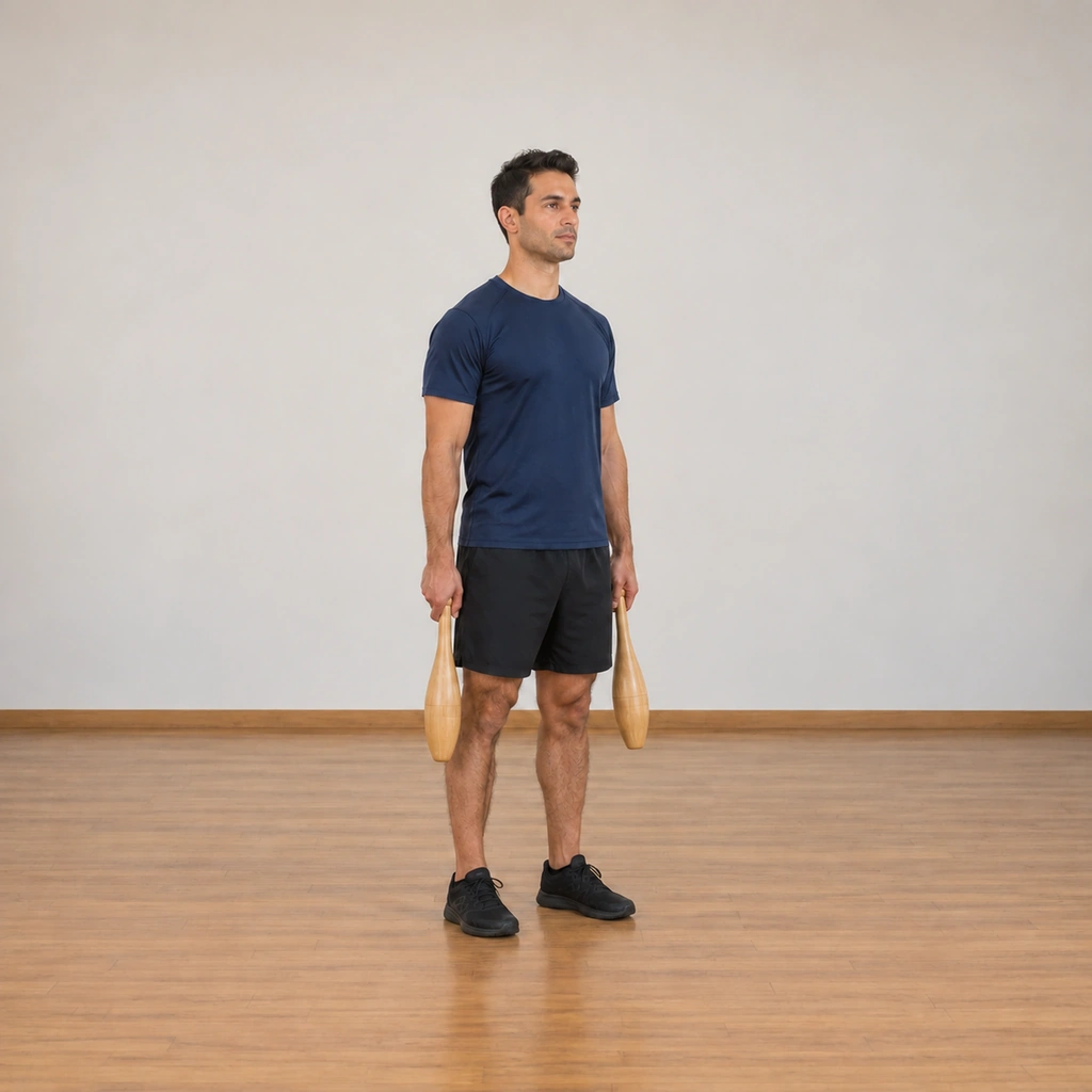The man has slowed both clubs to rest hanging at his sides, his stance square and tall again, the pendulum rhythm complete.