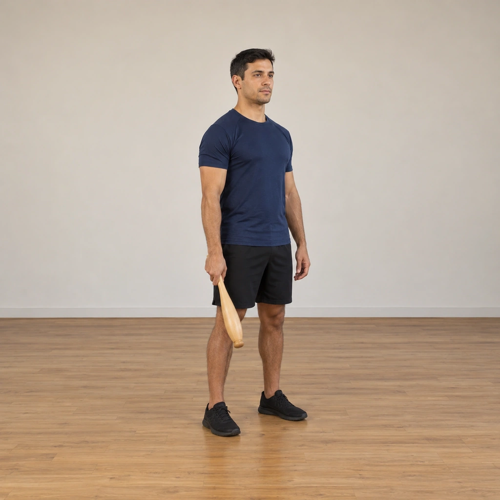 A man stands tall in a plain studio, his right arm hanging with the club held slightly forward of his leg but still at the side of his body, knees straight, facing forward.