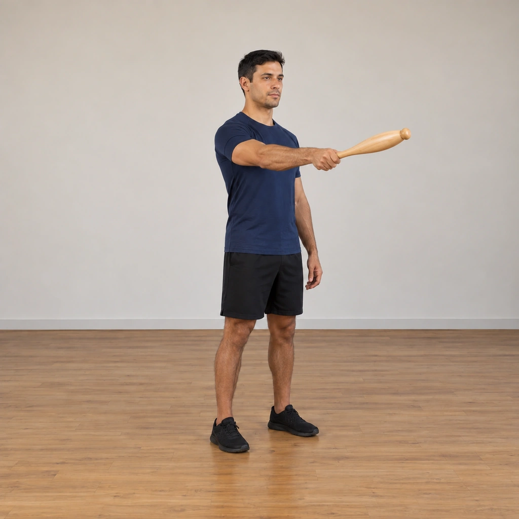 The man swings the club up across the front of his body, the club midway across his front at chest height travelling from right to left, his arm extended toward the far side.