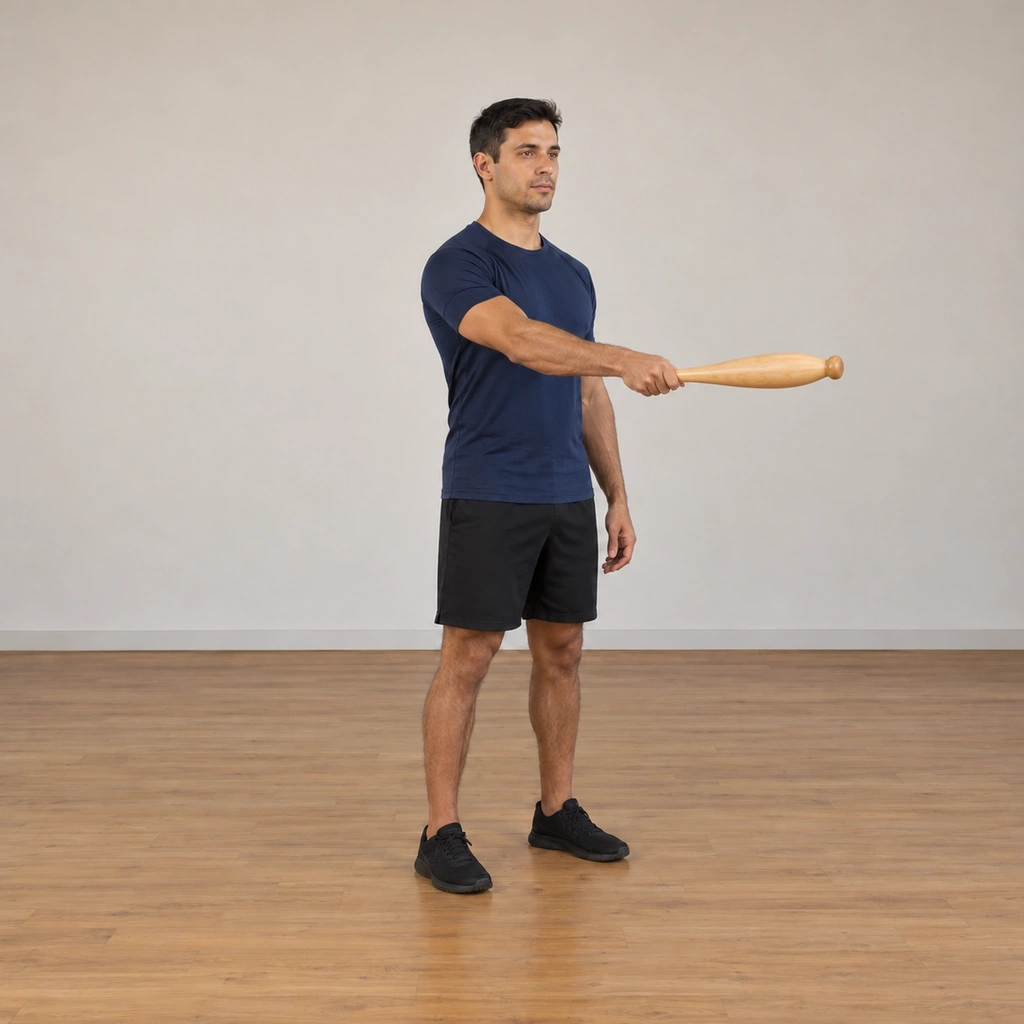 The man holds the club horizontal at his left side at arm's length in front of the body's plane, the arm extended across, the club level with the floor - the far endpoint of the 180-degree arc.