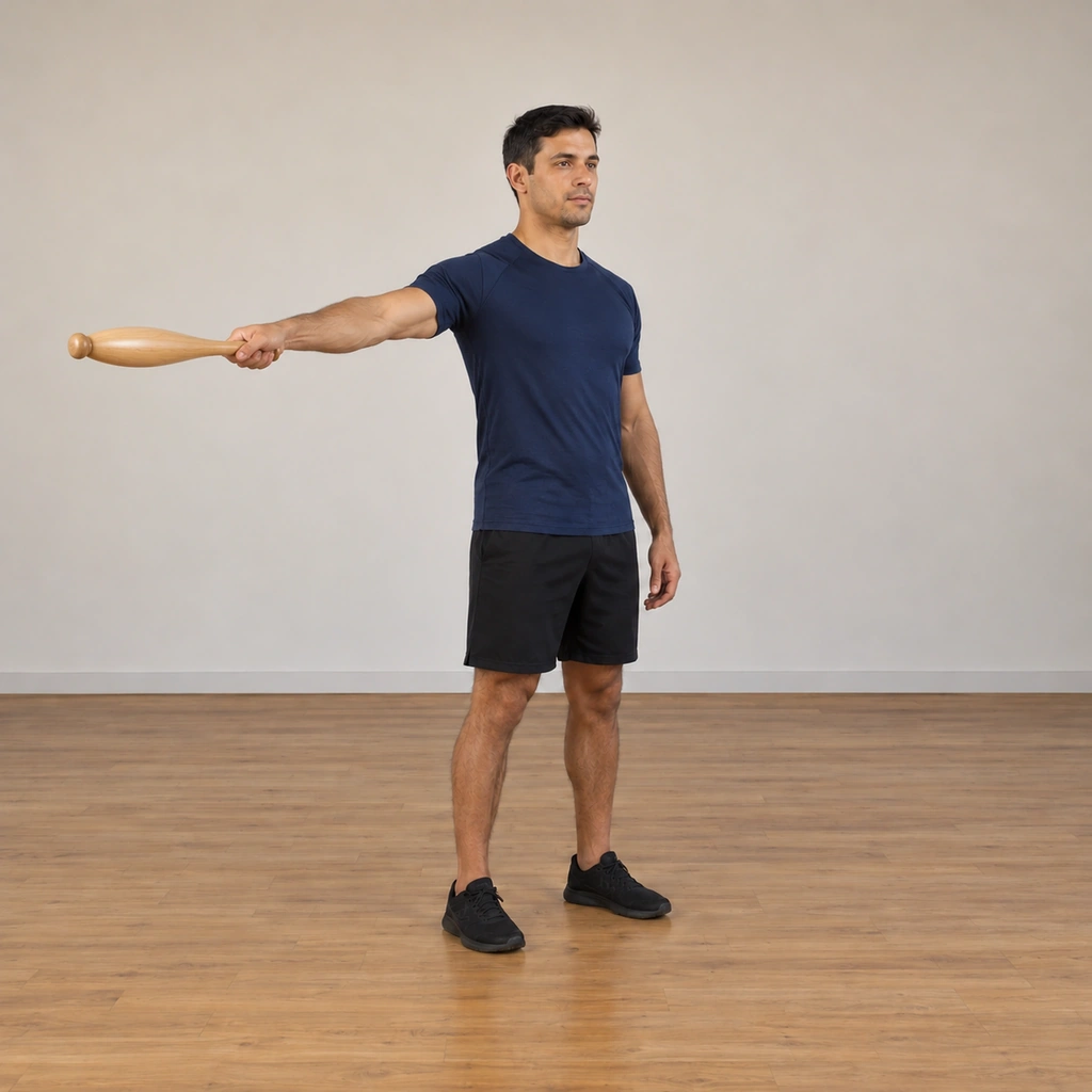 The man swings the club back across the front of his body toward his right side, the club rising toward horizontal at his right - the return half of the side-to-side pendulum.