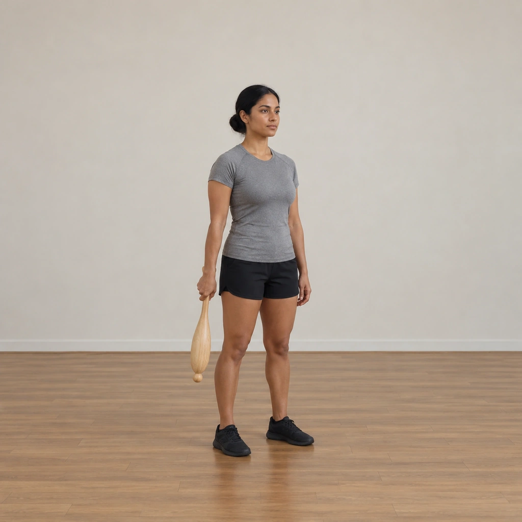 A woman stands tall holding one club in her right hand, the club hanging vertically slightly forward at her side, her head facing forward.