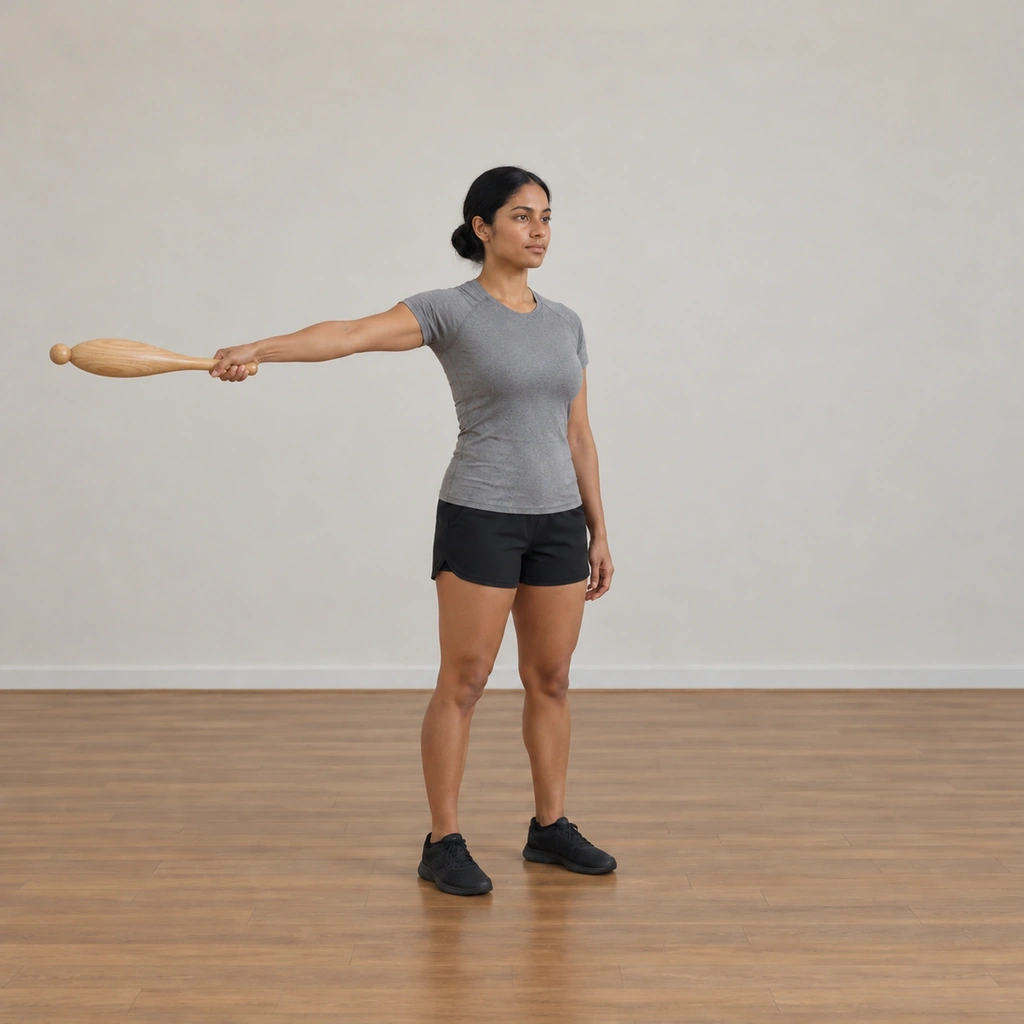 The woman has swung the club across the front of her body and out to her right side, her right arm outstretched to the side, the club horizontal, her head facing forward.