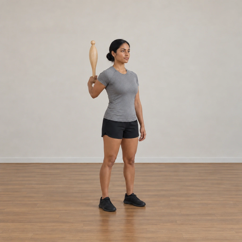 The woman has carried the club behind her back where it now points up vertically, her right wrist and elbow bent naturally, her head facing forward.