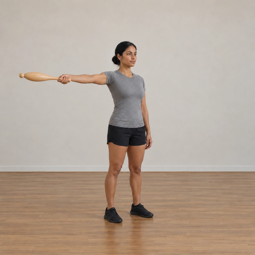 The woman has swung the club down and out from behind her back, her right arm at full stretch to the side again, the club horizontal, her stance tall.