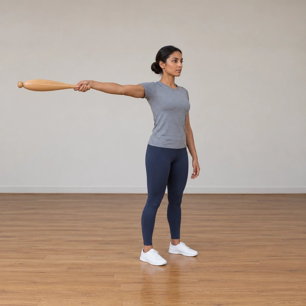 A woman stands in a plain studio with one wooden club swung across the front of her body to the top of the front pendulum, her right arm extended out to her side at horizontal.