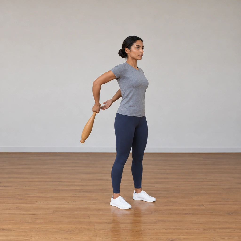 The woman has guided the club down and behind her back on the down swing, the club travelling behind her hips, her wrist and elbow bending naturally, her left hand coming round to receive.