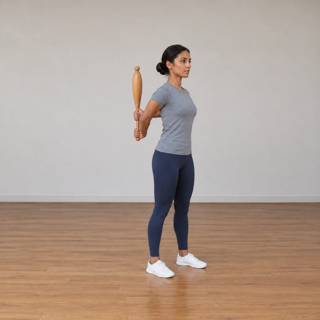 The woman is mid-exchange behind her back: the club rotating to vertical, her left hand taking the handle just above her right hand, both thumbs pointing upward at the take.