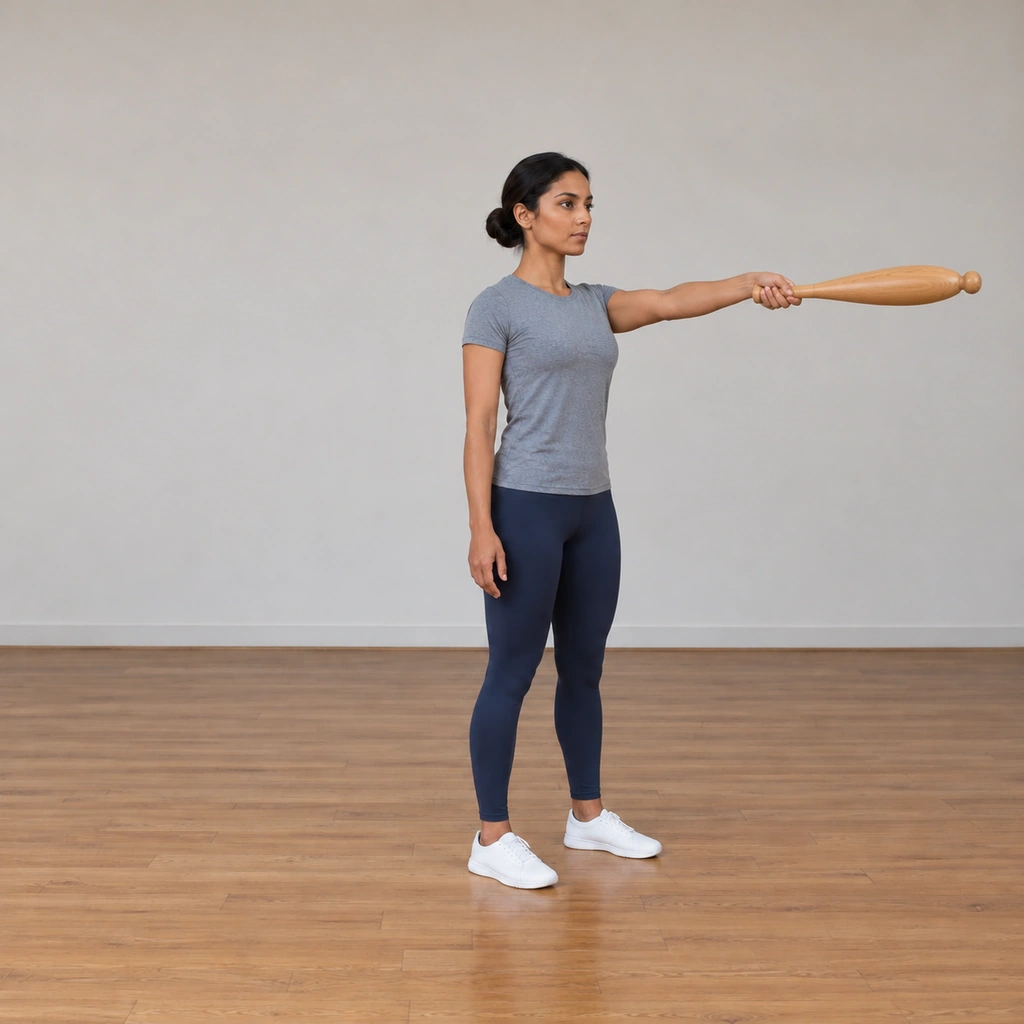 The woman has swung the club down and out from behind her back to horizontal at full left-arm stretch, the pendulum ready to continue across the front in her left hand.