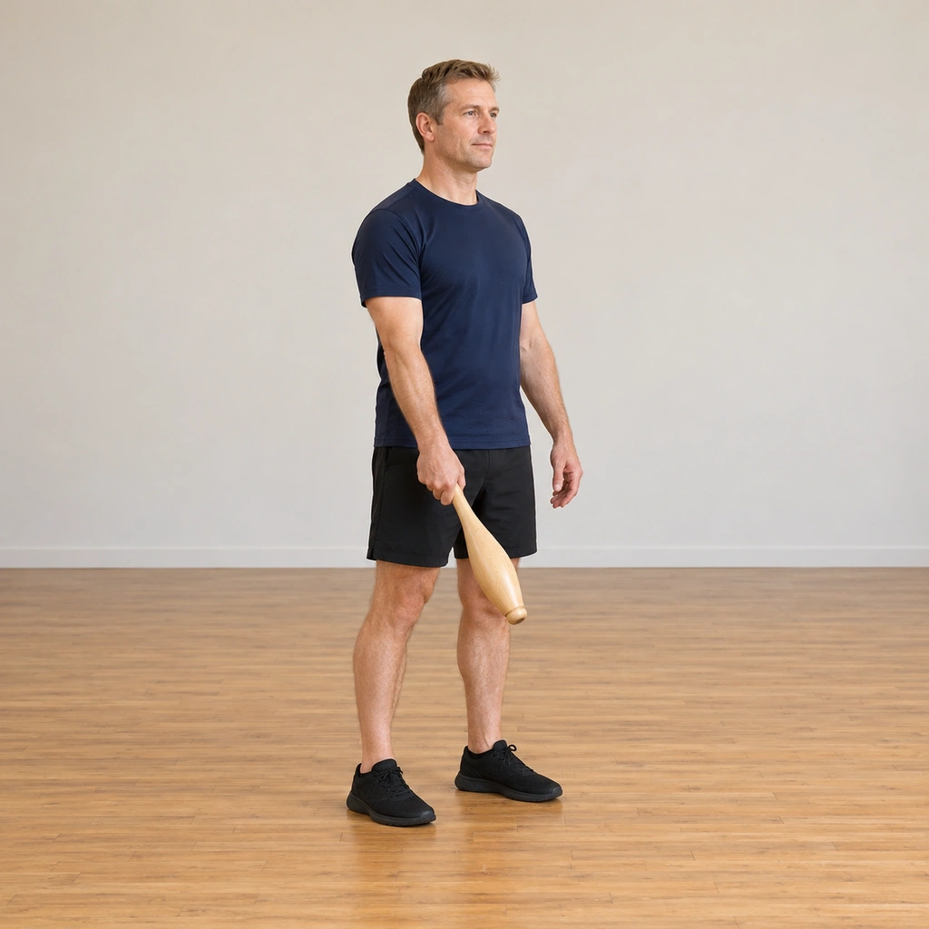 A man stands tall in a plain studio, one wooden club held slightly forward by his right side, gripped by its slim handle, his left arm relaxed.