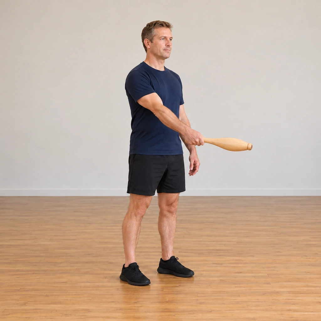The man has swung the club across the front of his body on the frontal plane, his right hand and the club travelling over toward his left side at about horizontal.