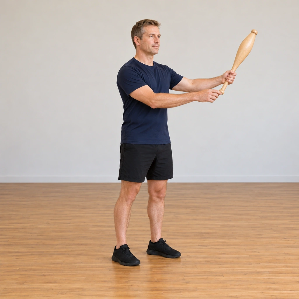 The man is mid-exchange at the far left end of the arc: his left hand has taken the club lower on the handle above his right hand's loosening grip, the club held out to the left at the top of the pendulum.