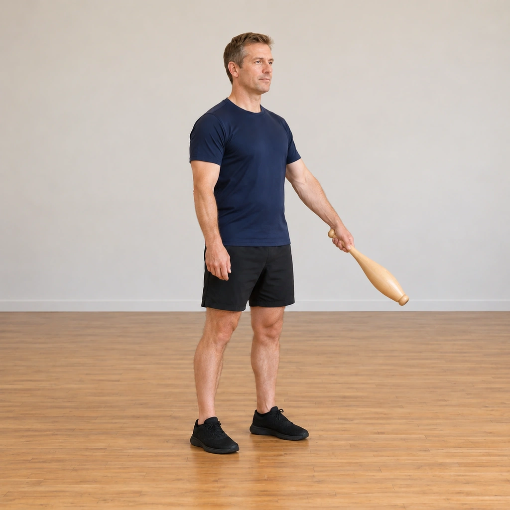 The man has the club in his left hand now, the frontal pendulum continuing back across the front of his body, his right arm relaxing at his side.