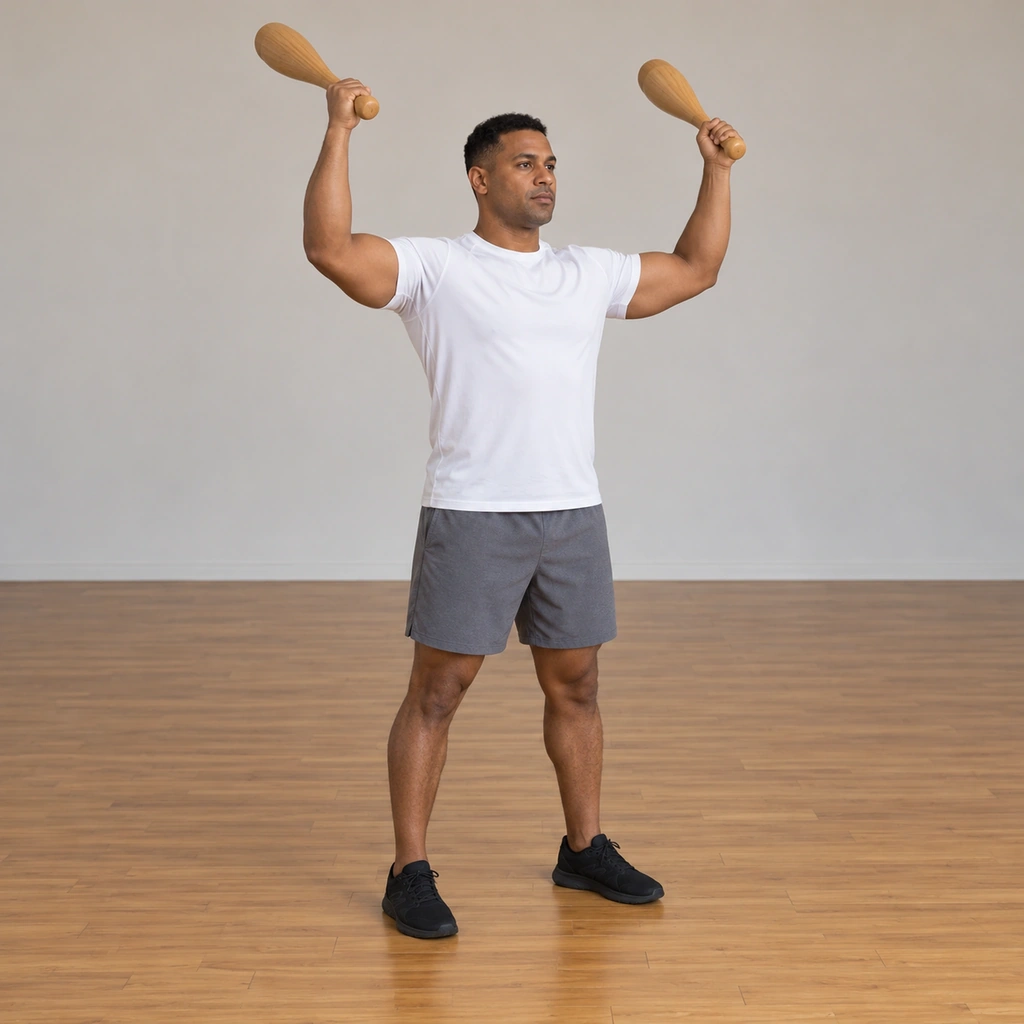 A man stands tall in a plain studio holding one wooden club above each shoulder, both button ends facing forward, his feet at a comfortable width.