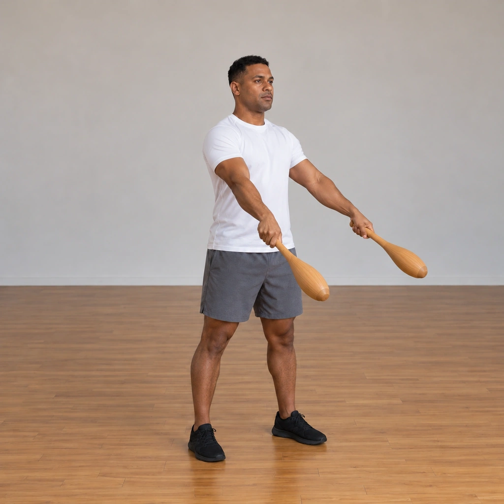 The man has let both clubs swing down in front of his body and outward toward the sides simultaneously, the clubs low and opening away from his centre line, his arms uncrossing as they fall.