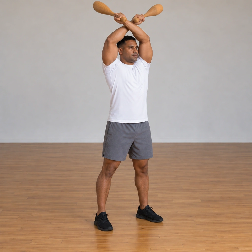 The man has swung both clubs back up toward above his shoulders with his arms crossing again above the head, the cross now the opposite way, the continuous rhythm unbroken.