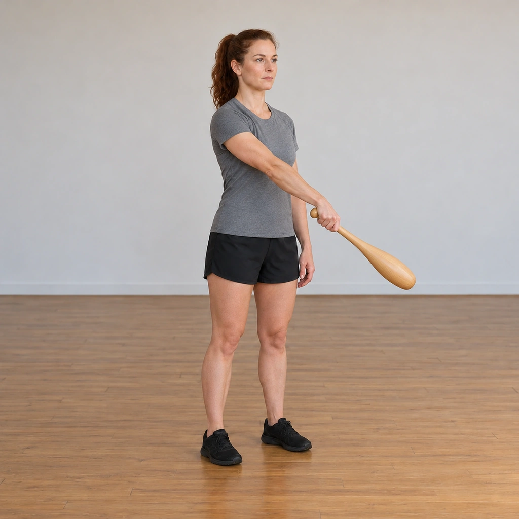 The woman has cast the club across the front of her body, her arm lengthened and the club pointed in the Saber grip with the wrist dropped, the club head travelling across her centre line.