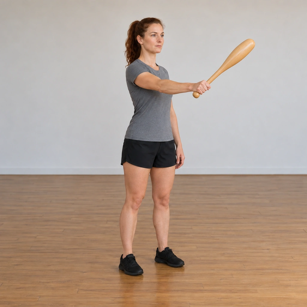 The woman has cast the club back out from the back position, her grip returned to the lengthened Saber hold, the club arcing back toward the order position in front of her shoulder.