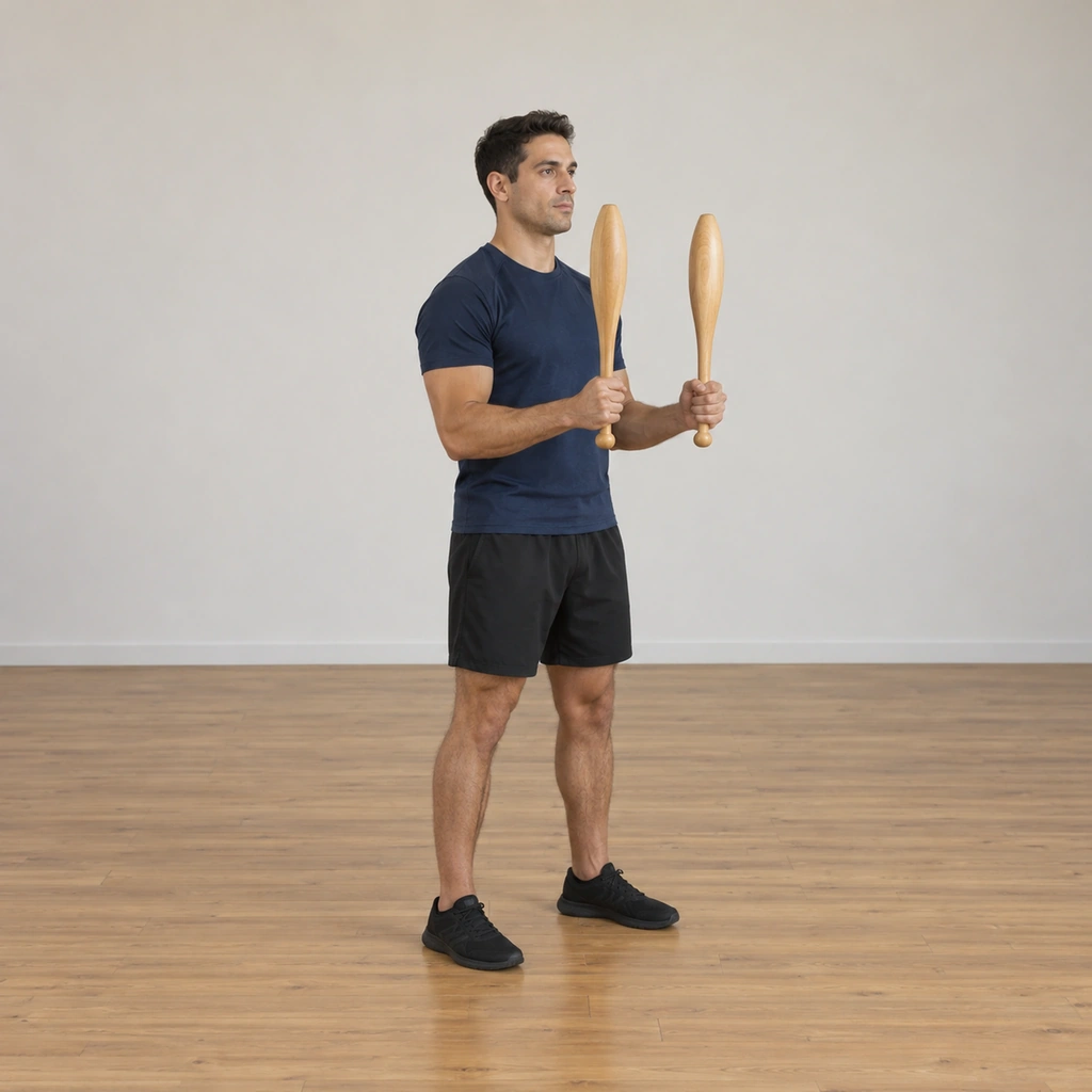 A man stands tall holding one club in each hand, both clubs held vertically out in front of his chest, his elbows bent about ninety degrees, his head facing forward.