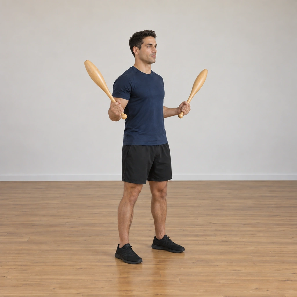 The man has let both clubs fall outward toward the sides, the clubs tilting down and away from his shoulders, his elbows still bent about ninety degrees.