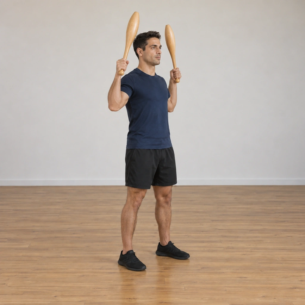 The man has rotated both clubs behind his shoulders and is bringing them over the shoulders toward the front, the clubs passing above each shoulder, his elbows still bent about ninety degrees.
