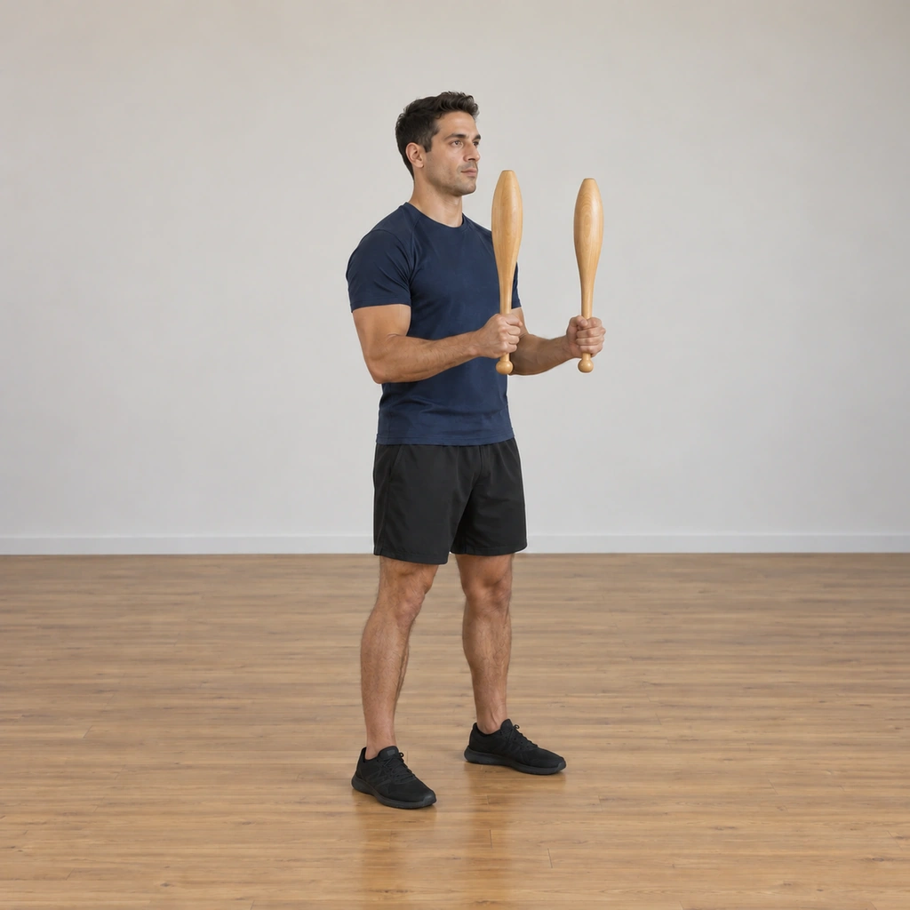 The man has both clubs back vertical out in front of his chest, his elbows bent about ninety degrees, his stance tall and square, the rotation complete.
