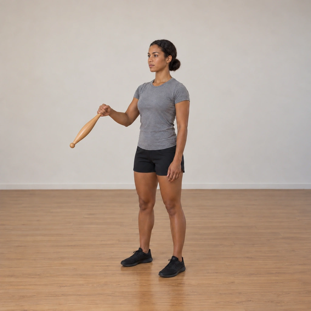 The woman's club tilts forward and outward off vertical, rotating toward the side, while her right elbow has drifted in toward her body; the wrist stays the fixed pivot of the rotation.