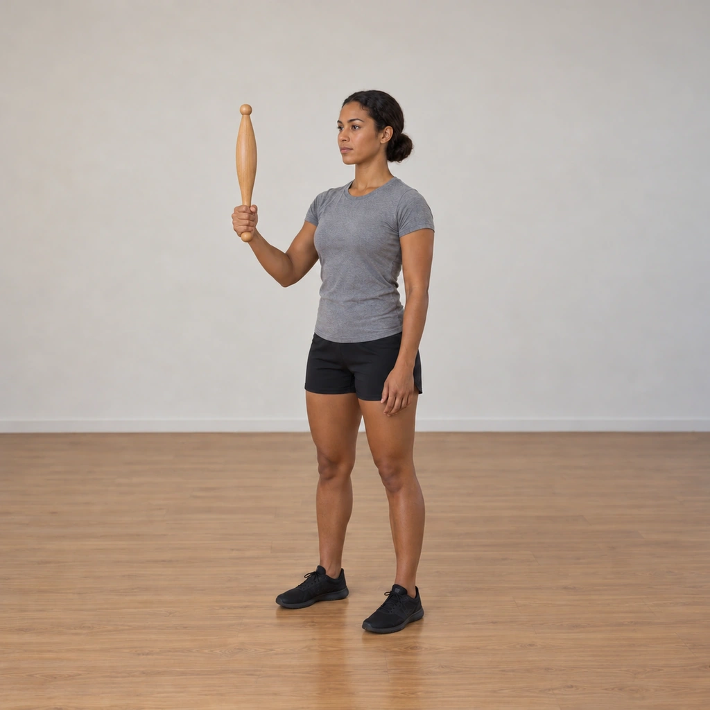 The woman's club has rotated outside her bent right arm - out to the side of her body - and rises back to the vertical position, completing the outer wrist twist's circle.