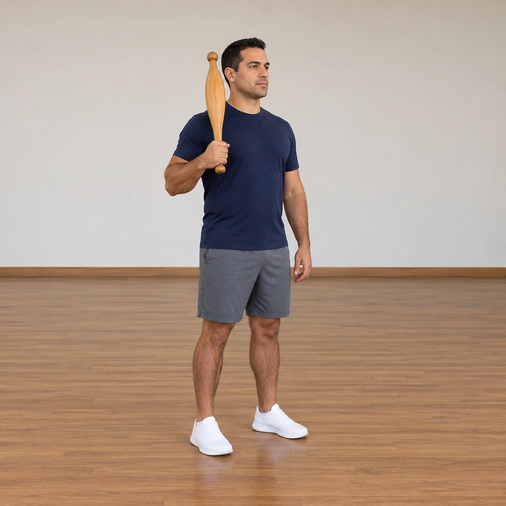 A man stands tall in a plain studio holding one wooden club vertically in front of his right shoulder, his hand in the Hammer grip - a fist on the handle with his little finger on the knob.