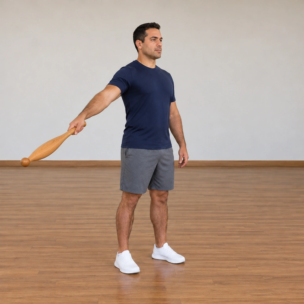 The man has cast the club away from his body out to his right side, his arm lengthened and the club pointed in the Saber grip with the wrist dropped, the club head travelling outward.