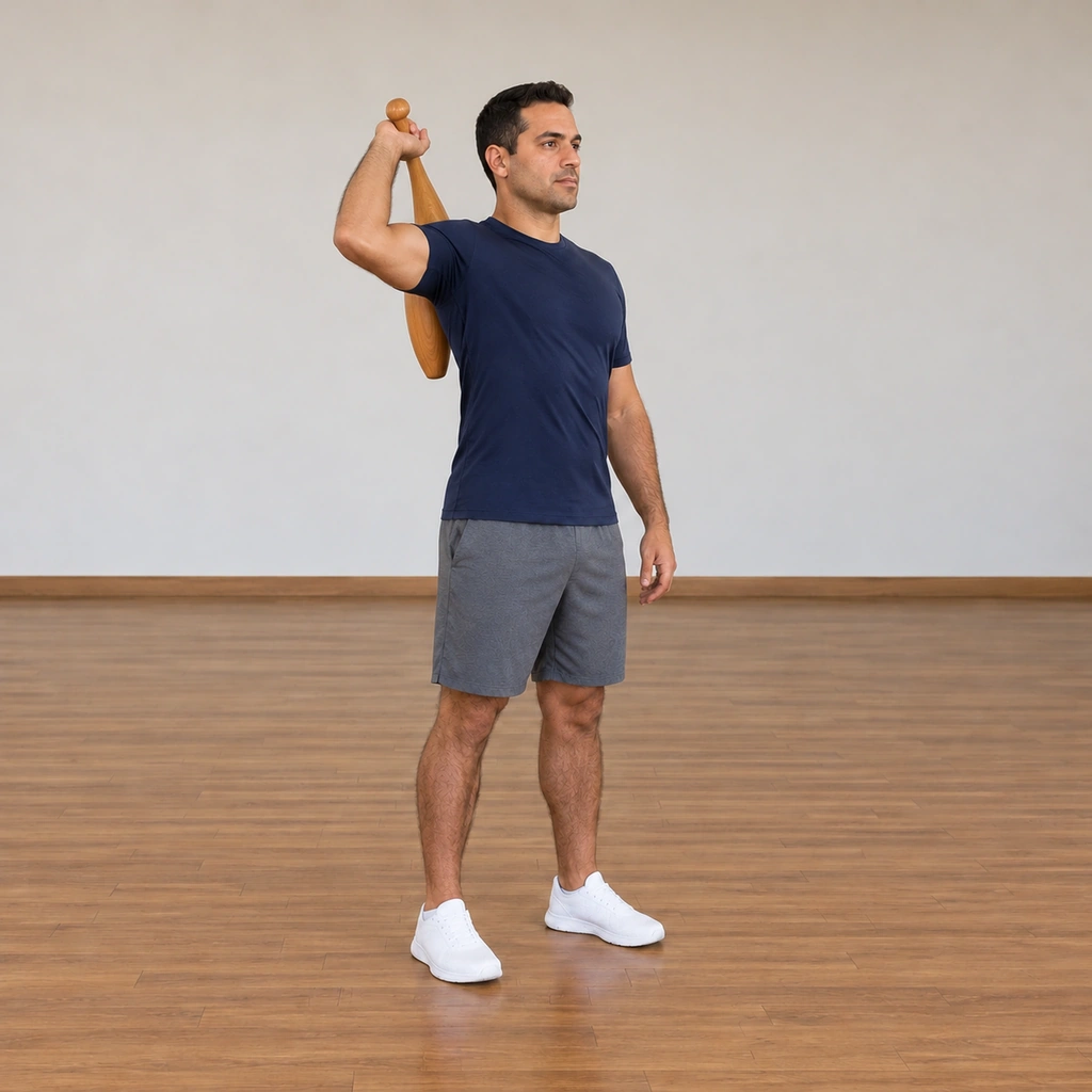 The man has carried the club over his right shoulder into the back position behind him, his grip changed to the Hammer fist as the club passed the shoulder, the club head low behind his back.
