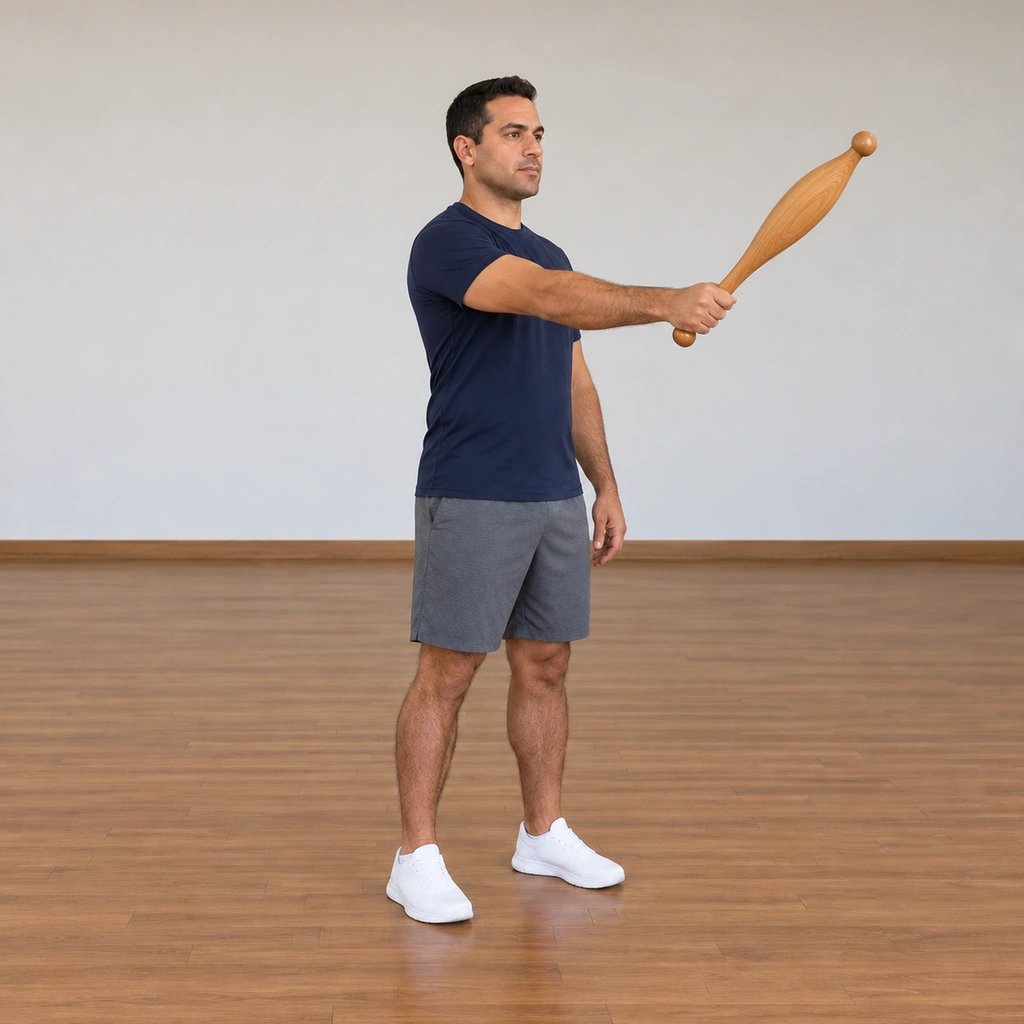 The man has cast the club back out from the back position, his grip returned to the lengthened Saber hold, the club arcing back toward the order position in front of his shoulder.