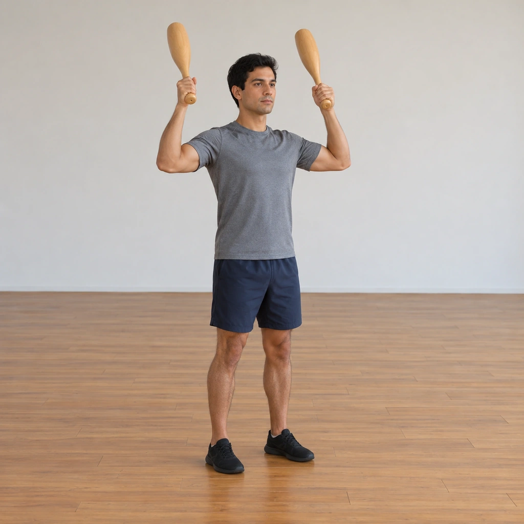 A man stands tall facing front in a plain studio holding one wooden club above each shoulder, both button ends facing forward, his feet at a comfortable width.