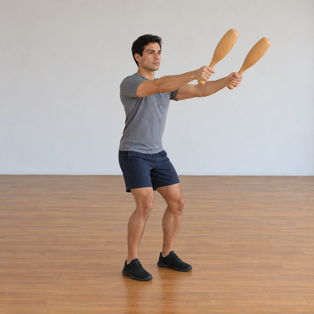 The man has launched both clubs forward together off the shoulders, the clubs driving out in front of him as his knees bend to accommodate the swing, his body still facing front.