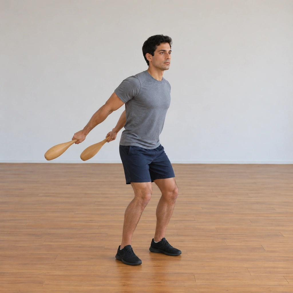 The man has let both clubs swing down past his legs on the side plane, the clubs reaching rearward behind him as far as his shoulders allow, his arms long and his knees still soft.