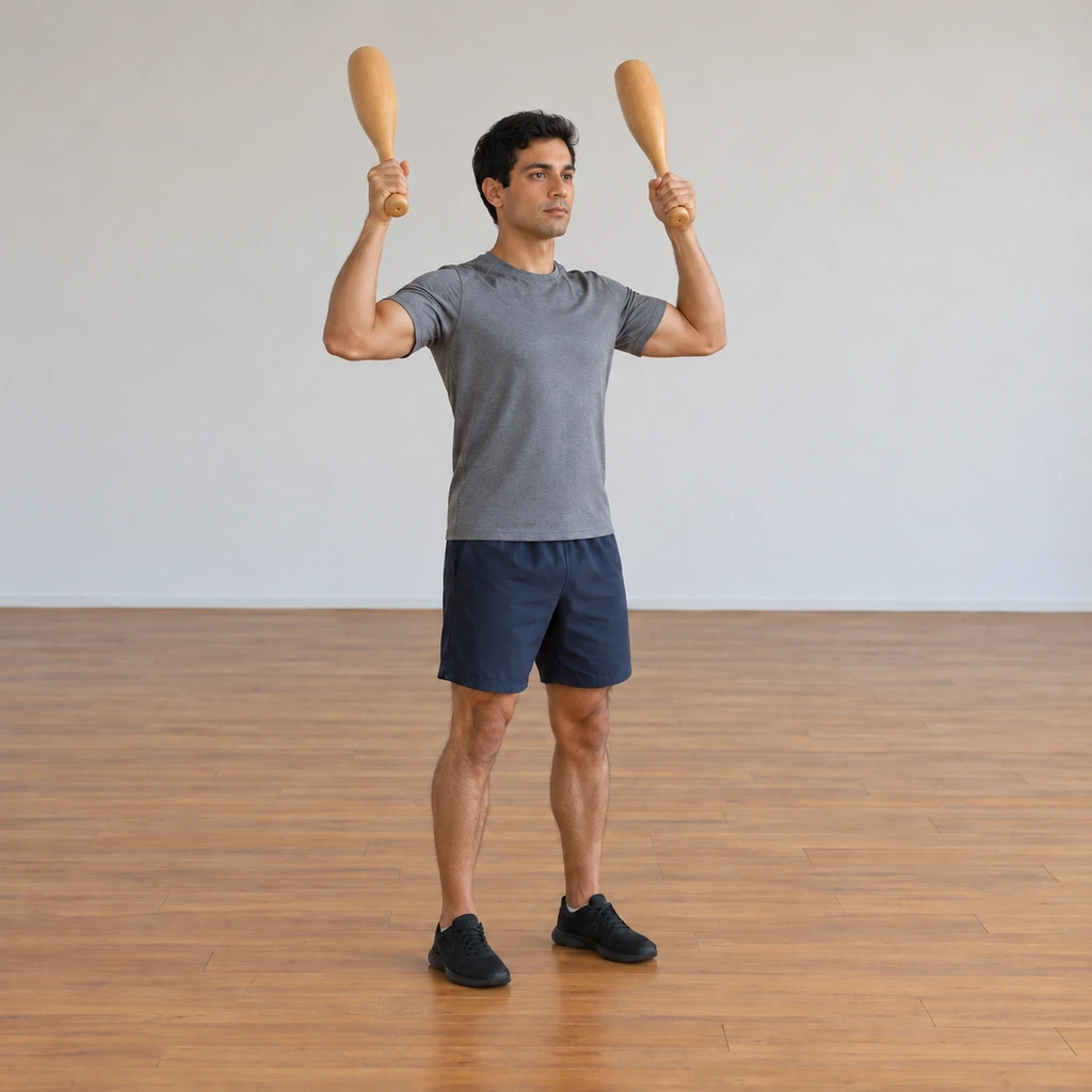 The man has swung both clubs back up along the same sagittal line toward above his shoulders, the pair rising in front of him, his knees re-extending under control.