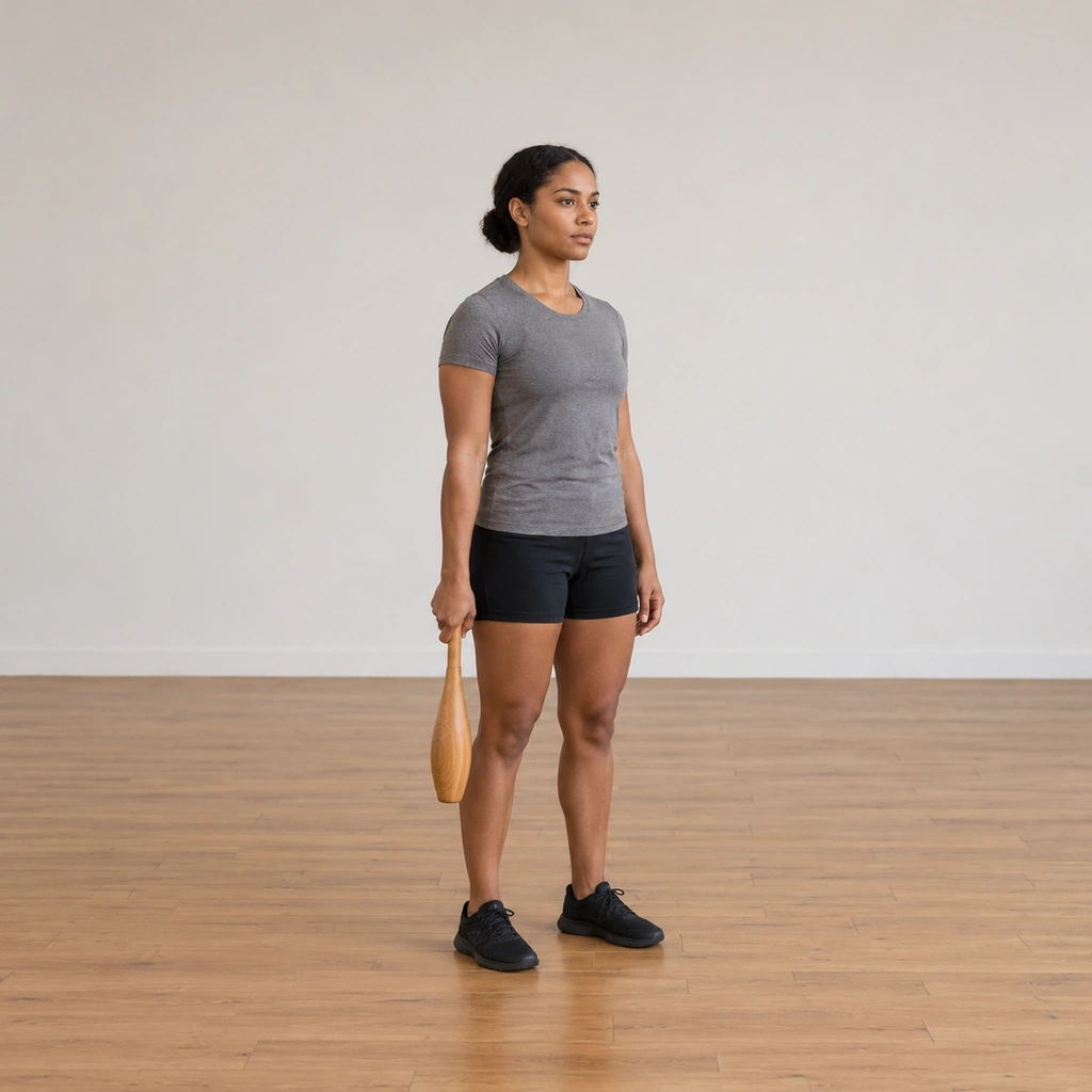 A woman stands tall in a plain studio facing forward, one wooden club hanging straight down at arm's length by her right side, her elbow and wrist held in one straight line.