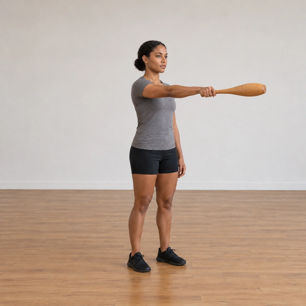The woman has swung the club forward beside her body to horizontal in front of her right shoulder, the club still at arm's length, her elbow and wrist in one straight line, her body still facing forward.
